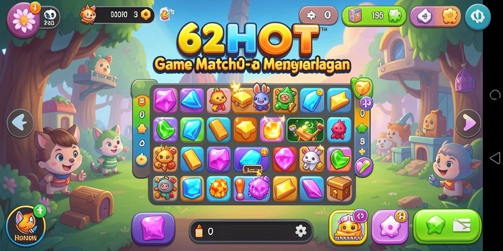Tampilan gameplay 62HOT dengan kombinasi objek yang ceria.