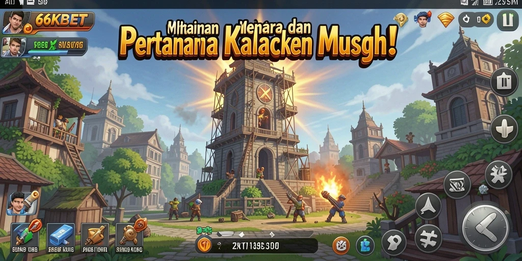 Tangkapan layar gameplay 66KBET menampilkan menara yang siap bertahan dari serangan musuh.