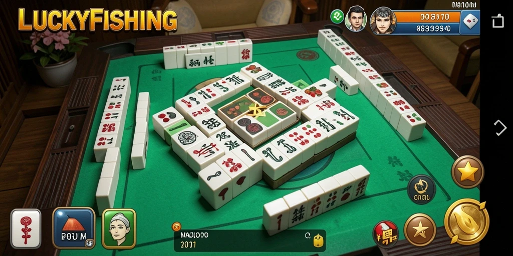 Screenshot gameplay LUCKYFISHING menampilkan aksi Mahjong yang seru.